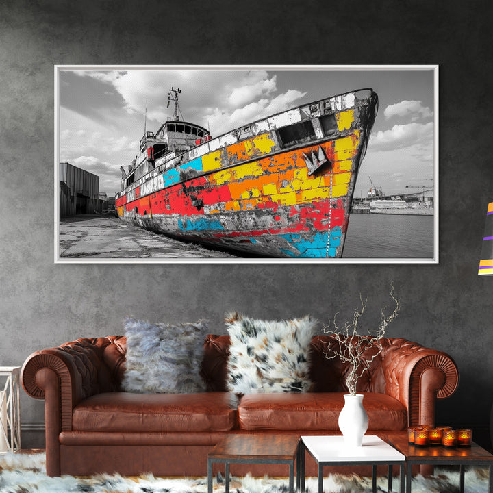 Colorful Rusted Ship Canvas Print | Nautical Wall Art | Coastal Painting | Moody Art | Extra Wide Art | Above Sofa Art | Wabi Sabi Art