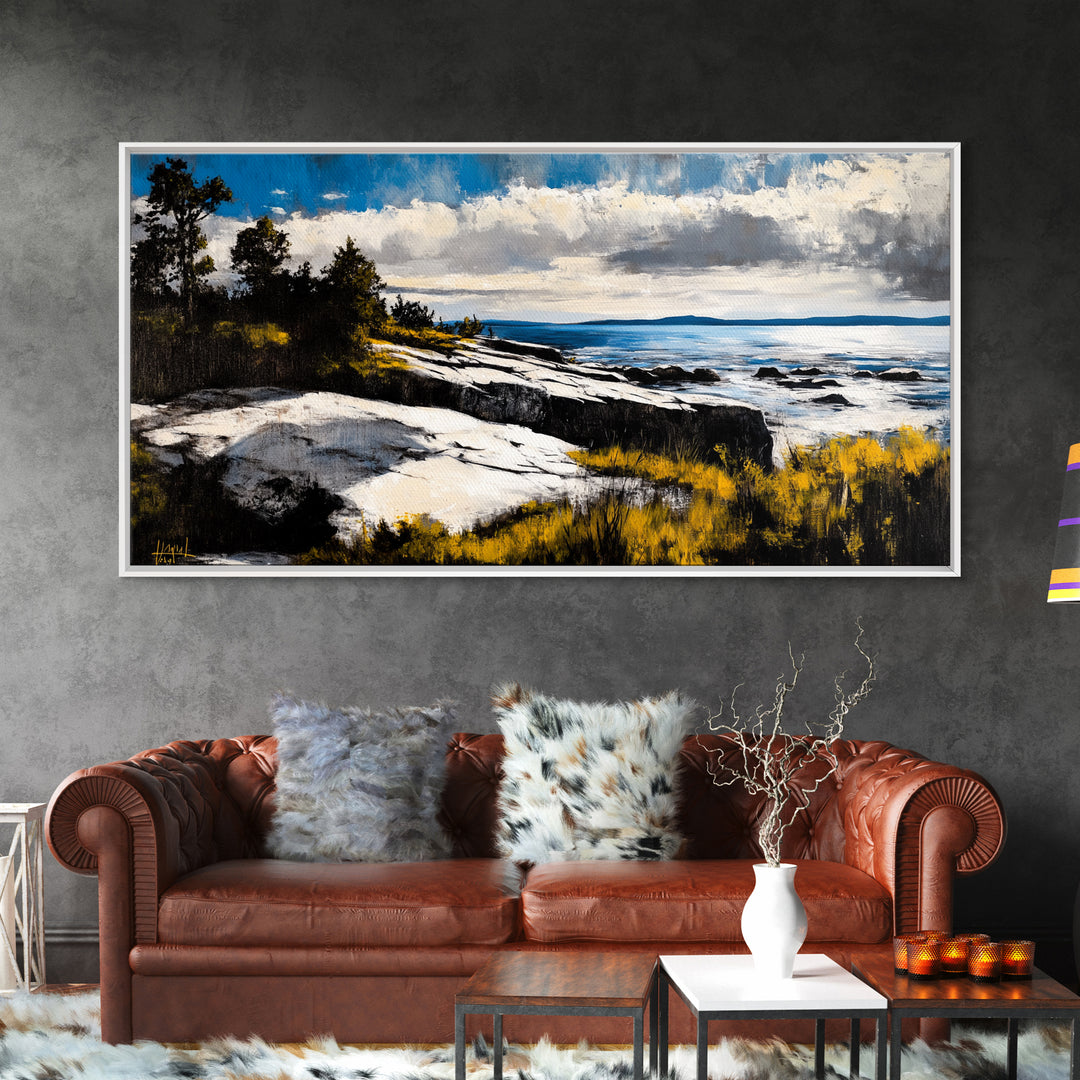 Coastal Landscape, Maine oil painting, seascape painting, landscape painting, nautical wall art, extra wide art, framed canvas print