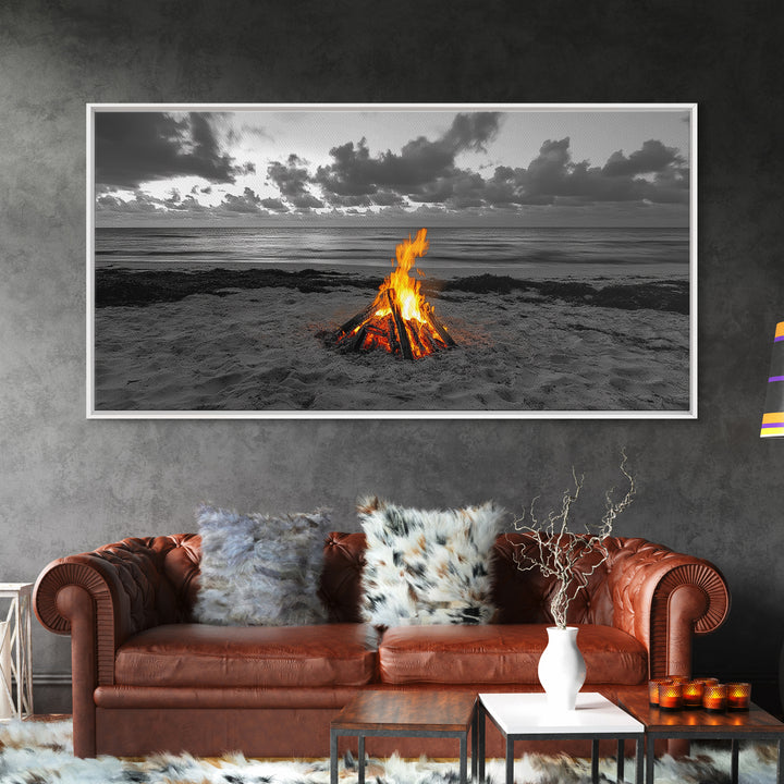 Campfire on Beach Framed Canvas Print | Seascape Painting | Coastal Wall Art | Moody Art | Rustic Decor | Extra Wide Art | Nautical Painting