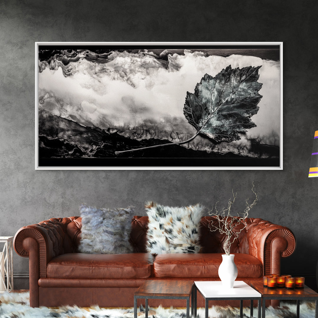 Nature Leaf Art, Monochrome Painting, Abstract Botanical Prints, Black and White Art, Modern Wall Decor, Framed Canvas Print, Rustic Art