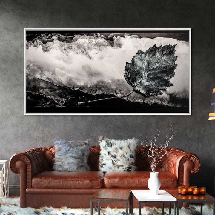 Nature Leaf Art, Monochrome Painting, Abstract Botanical Prints, Black and White Art, Modern Wall Decor, Framed Canvas Print, Rustic Art