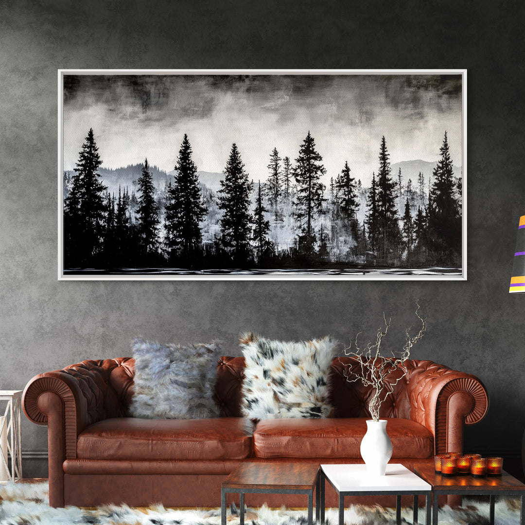 Pine Tree Forest, Moody Landscape Painting, Black and White Wall Art, Nature Wall Art, Extra Wide Art, Framed Canvas Print, Rustic Decor