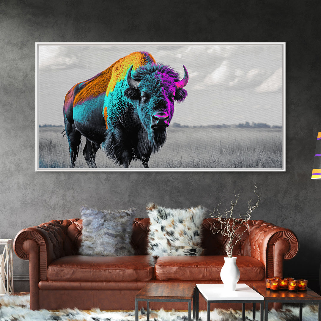 Neon Buffalo Portrait Canvas Print | Western Wall Art | Afrocentric Art | Moody Art | Rustic Decor | Southwest Art | Extra Wide Art.