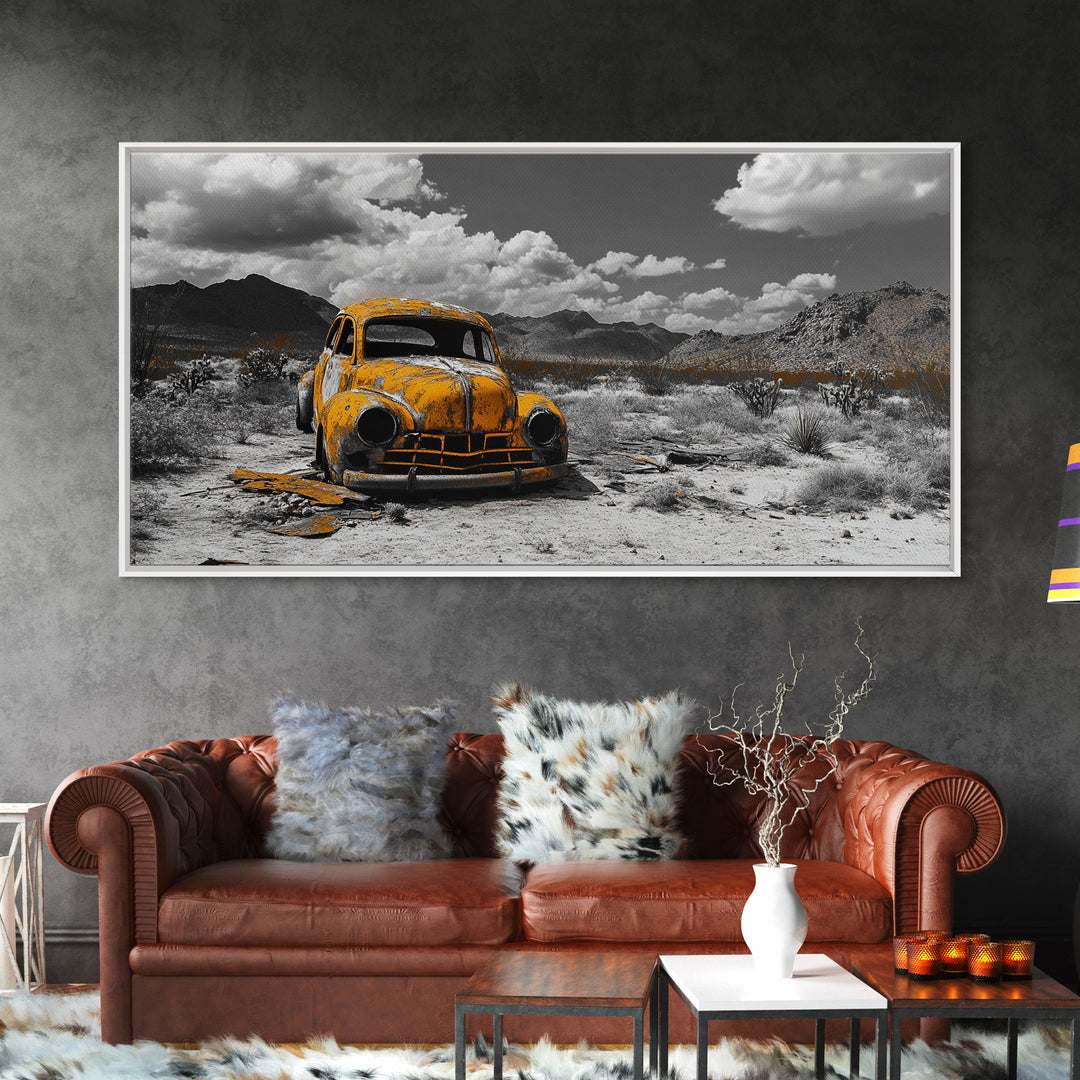 Abandoned Car in Desert Framed Canvas Print | Custom Car Painting | Moody Art | Southwest Wall Art | Wabi Sabi Art | Extra Wide Art
