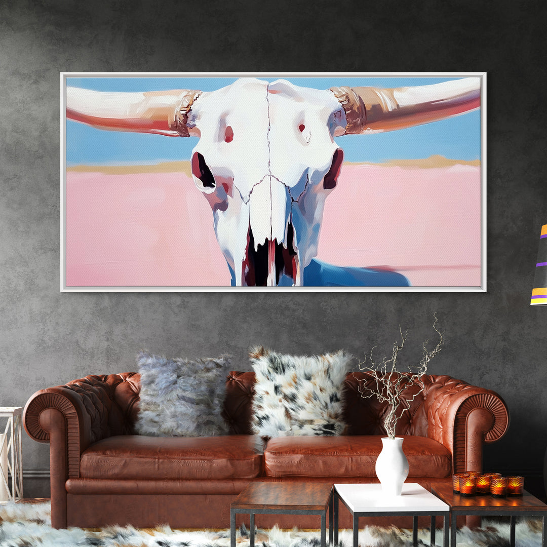 Bull Skull Painting, Southwest Wall Art, Pink and Blue Art, Rustic Western Decor, Framed Canvas Print, Extra Wide Art, Boho Art