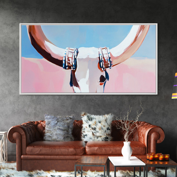 Bull Skull, Skull Art, Rustic Wall Art, Wabi Sabi Art, Southwest Wall Art, Long Narrow Wall Art, Canvas Print, Farmhouse Art, Extra Wide Art