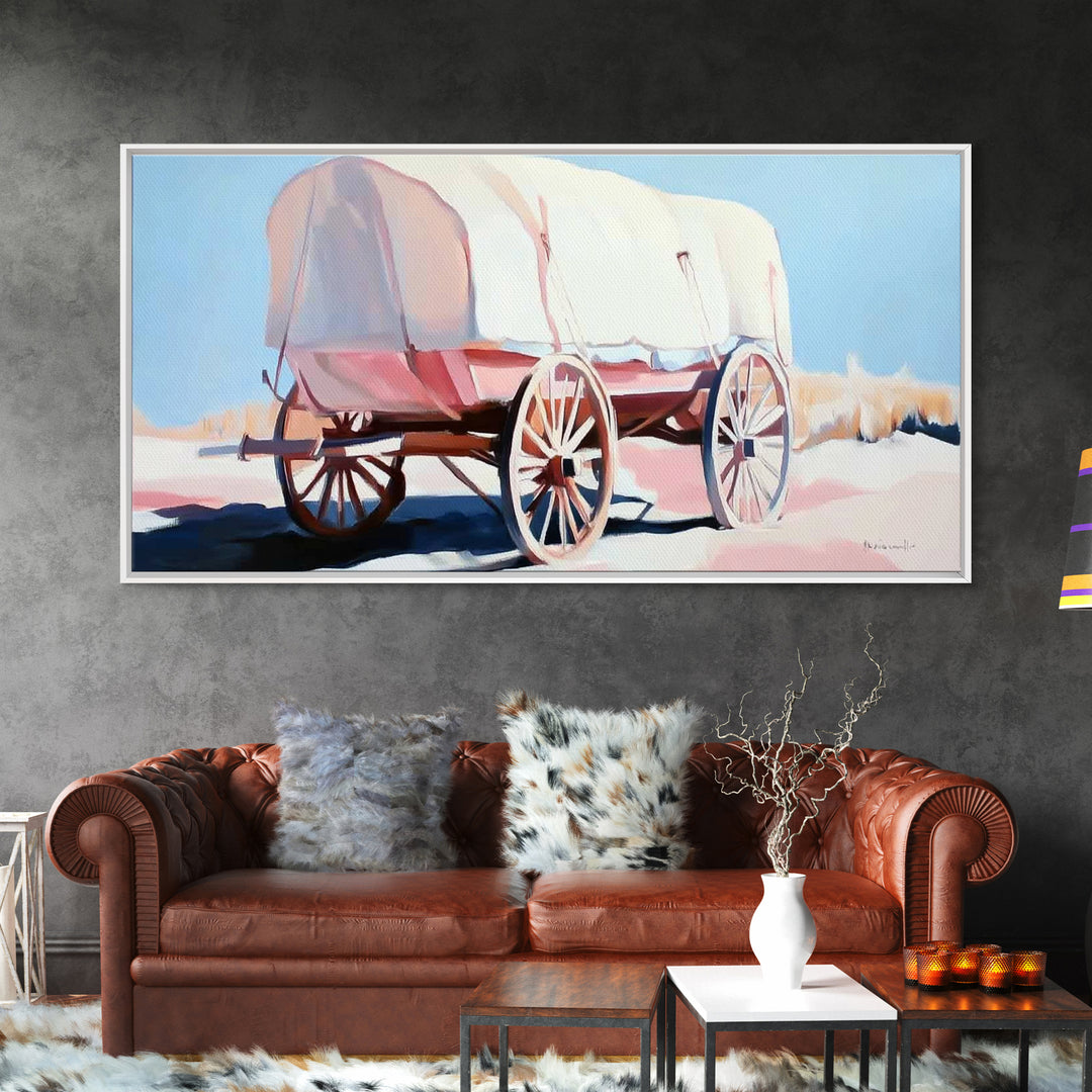 Covered Wagon, Vintage Western Art, Rustic Wall Art, Farmhouse Art, Coastal Cowgirl Wall Art, Light Pink Wall Art, Framed Canvas Print, Extra Wide Art
