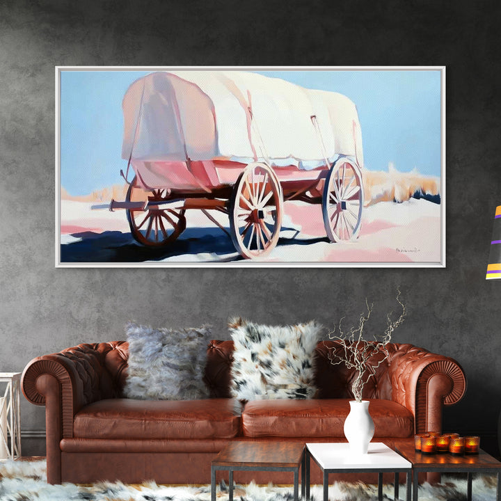 Covered Wagon, Vintage Western Art, Rustic Wall Art, Farmhouse Art, Coastal Cowgirl Wall Art, Light Pink Wall Art, Framed Canvas Print, Extra Wide Art