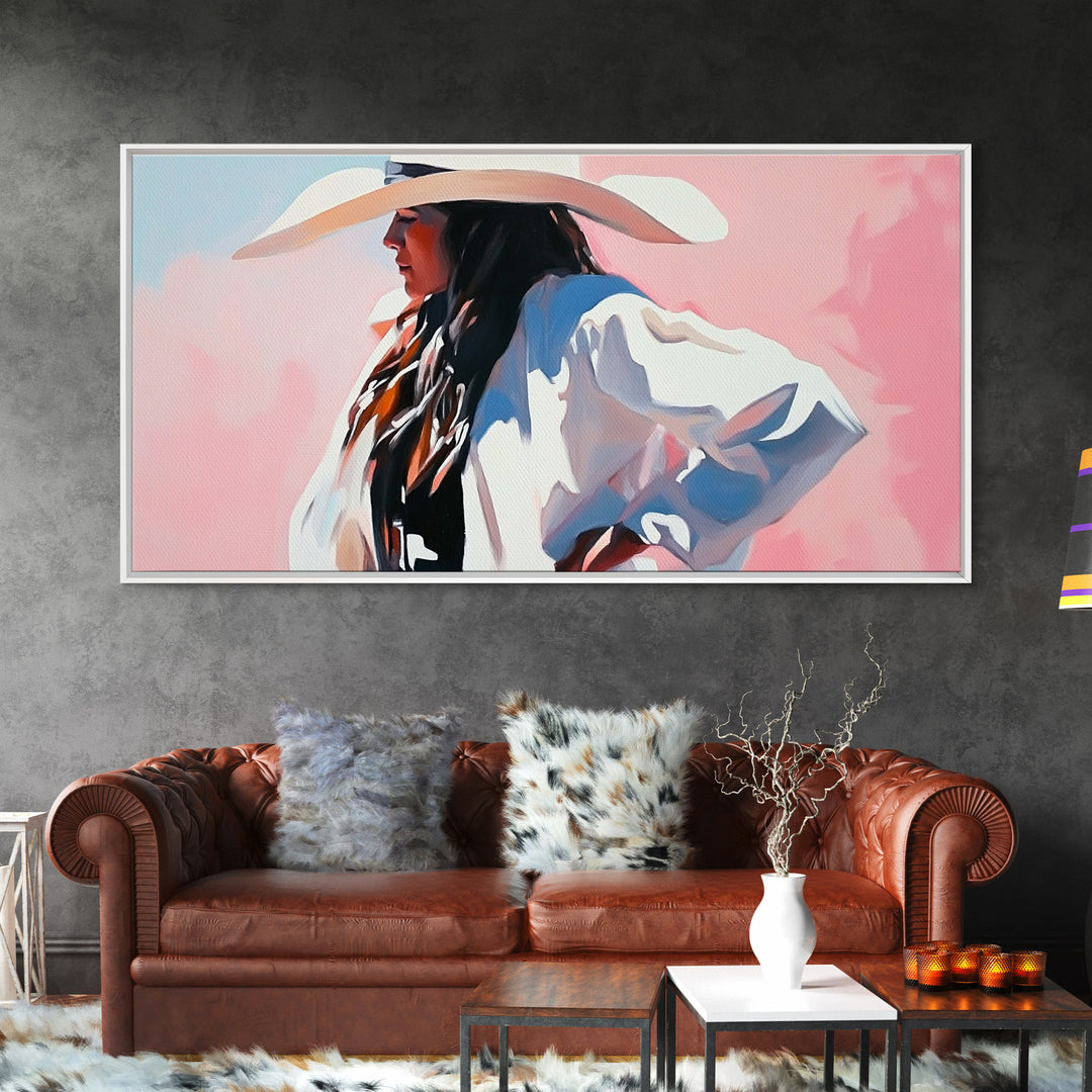 Cowgirl in White, Black Cowgirl Painting, Coastal Cowgirl Wall Art, Rustic Decor, Light Pink Wall Art, Canvas Print, Bedroom Art, Moody Art