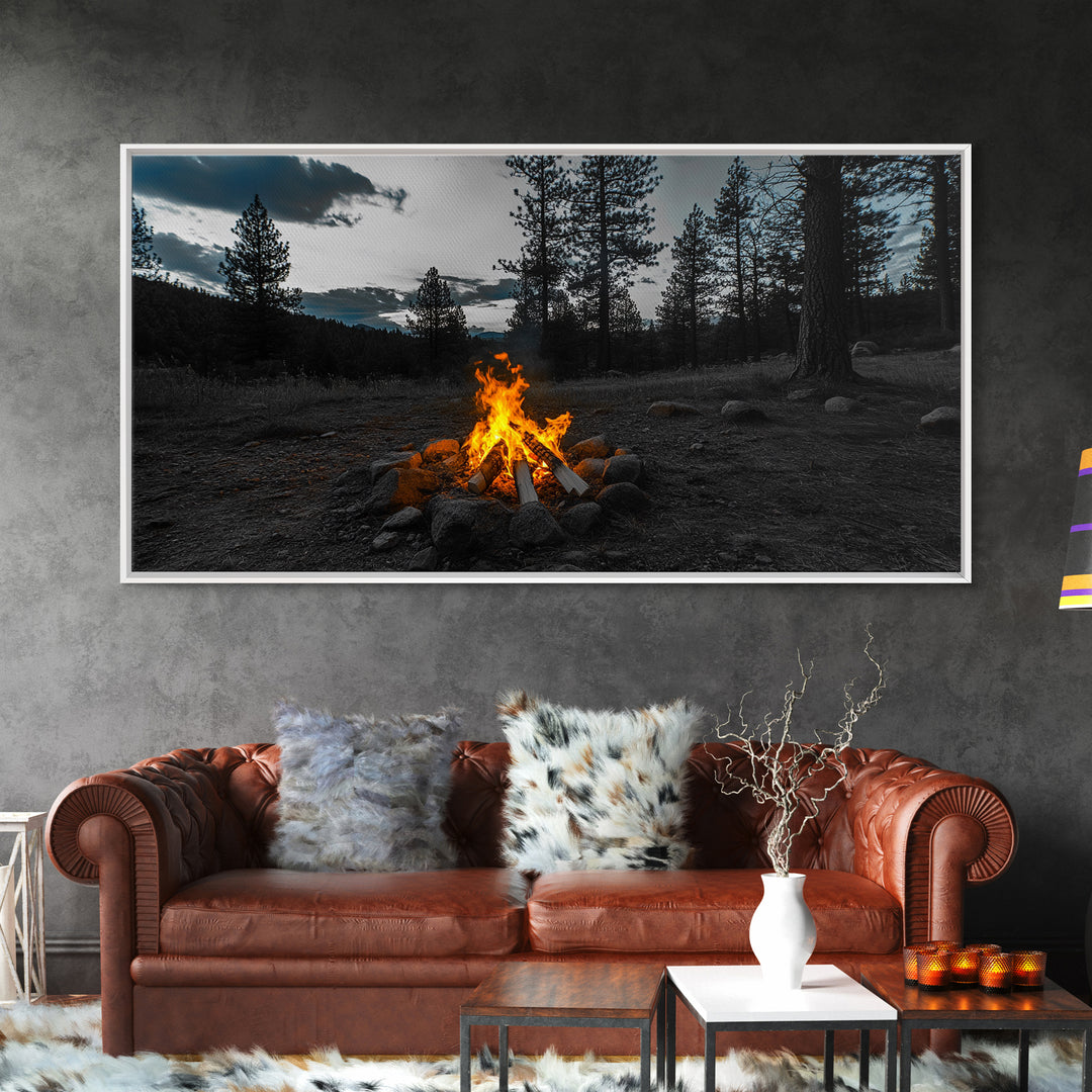 Campfire Under Pine Trees Canvas Print | Forest at Dusk Painting | Rustic Wall Art | Moody Landscape Art | Above Sofa Art | Extra Wide Art