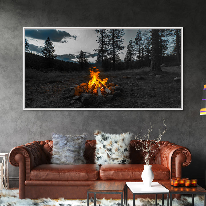 Campfire Under Pine Trees Canvas Print | Forest at Dusk Painting | Rustic Wall Art | Moody Landscape Art | Above Sofa Art | Extra Wide Art