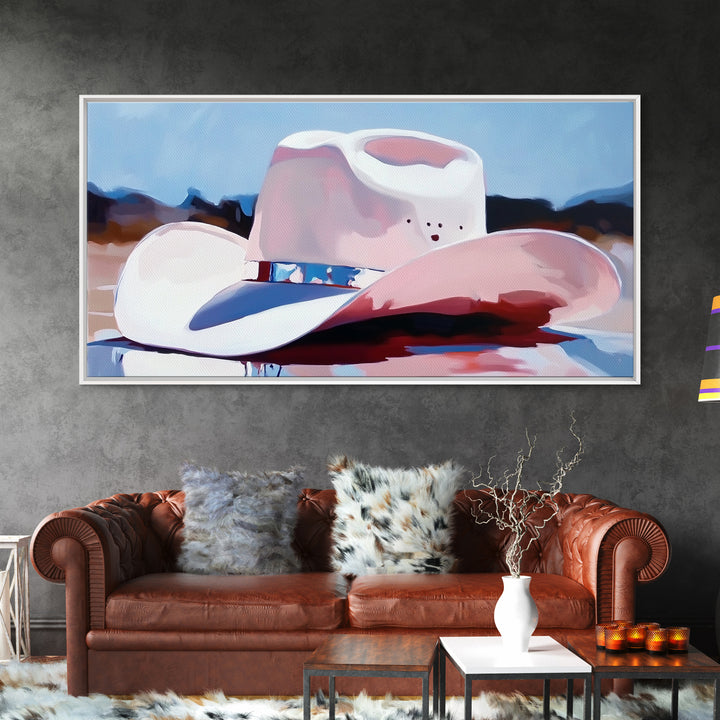 Cowboy hat, western art, farmhouse art, framed canvas print, rustic wall art, gift idea, wabi sabi art, pink abstract art, lofi art