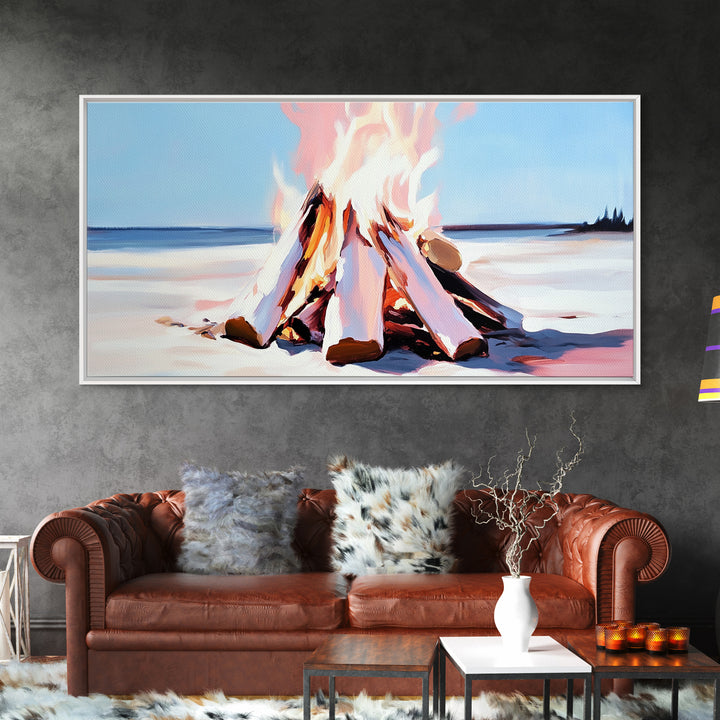 Campfire, moody art, coastal landscape art, framed canvas print, rustic decor, fire painting, extra wide art, landscape painting