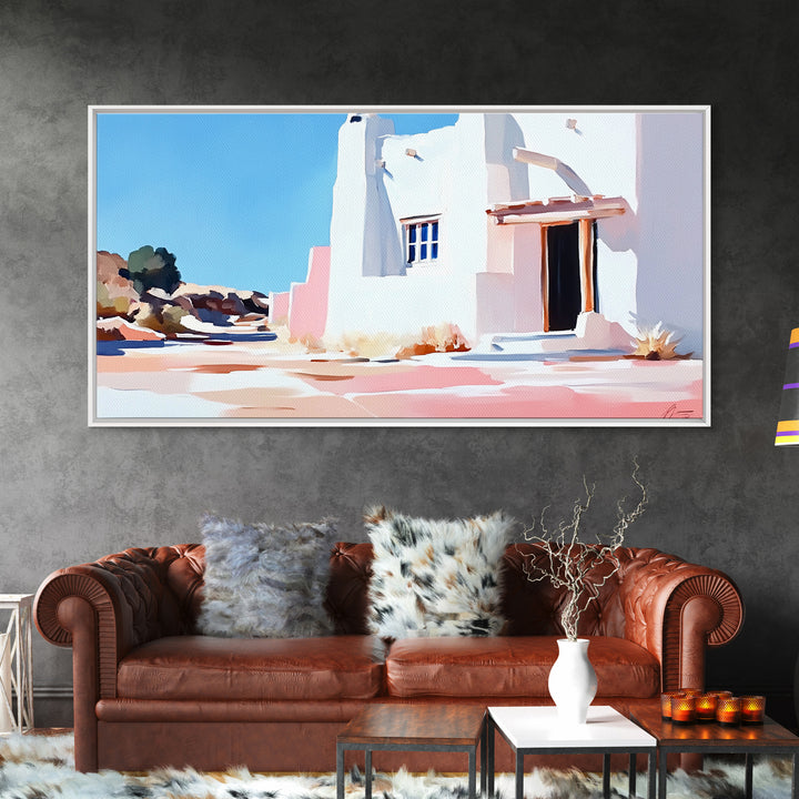 Adobe house, southwest art, rustic decor, framed canvas print, landscape painting, minimalist art, extra wide art, Joshua tree art