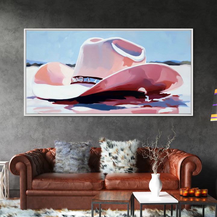 Cowboy Hat in Desert, western art, vintage cowgirl, rustic wall art, pink wall art, light pink wall art, framed canvas print