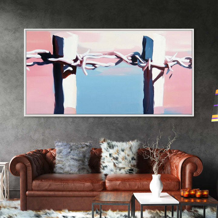 Barbed Wire Fence, rustic decor, pink abstract art, southwest wall art, minimalist art, boho art, framed canvas print