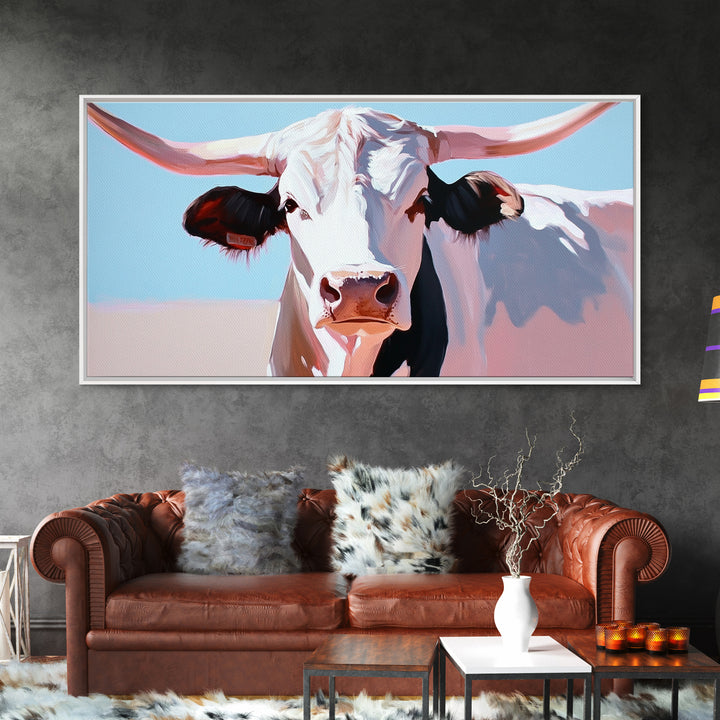 Bull And Bear Art, Rustic Wall Art, Farmhouse Art, Vintage Western Painting, Coastal Cowgirl Art, Framed Canvas Print, Above Couch Art