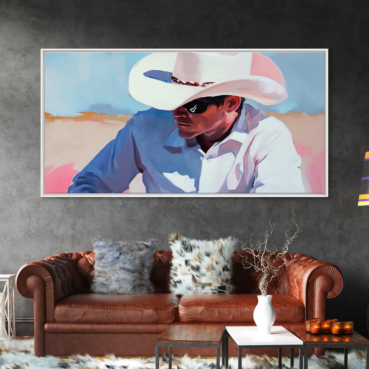 Cowboy Painting, Western Art, Rustic Wall Art, Coastal Cowgirl Art, Lofi Art, Chicano Art, Framed Canvas Print, Extra Wide Art, Panoramic Art