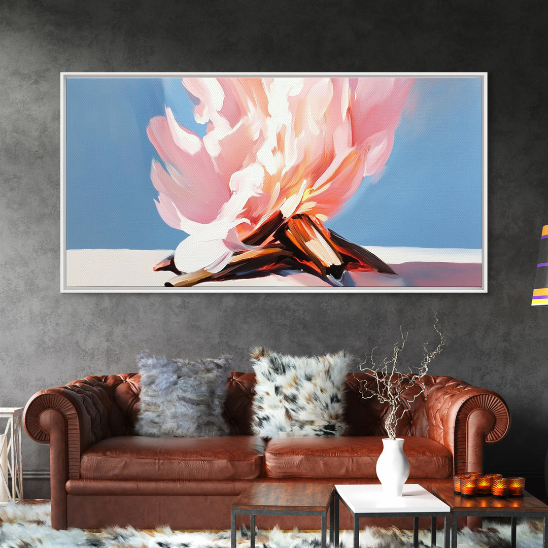 Campfire Painting, Rustic Art, Moody Art, Cozy Wall Art, Southwest Wall Art, Extra Wide Art, Framed Canvas Print, Above Couch Art, Panoramic Art