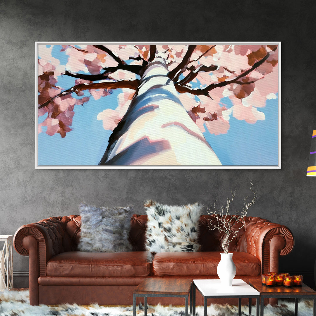Cherry Blossom Painting, Birch Tree Art, Pink Wall Art, Botanical Prints, Extra Wide Art, Canvas Print, Above Sofa Art, Horizontal Wall Art