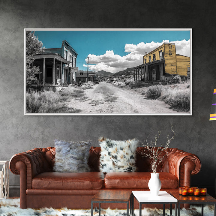 Abandoned Ghost Town Canvas Print Rustic Wall Art Western Landscape Painting Wabi Sabi Art Above Couch Art Extra Wide Horizontal Art