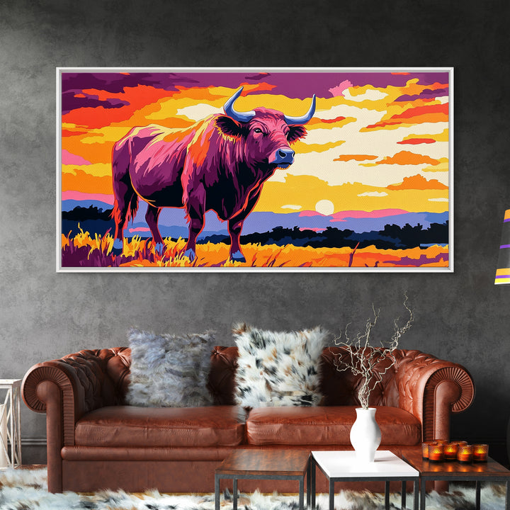 Bull Sunset, bull and bear art, rustic wall art, farmhouse decor, sunset painting, moody art, framed canvas print