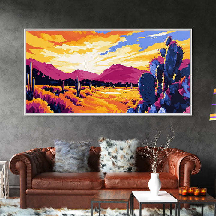 Desert Cactus, southwest wall art, mountain painting, rustic decor, landscape painting, panoramic art, Framed Canvas Print, extra wide art