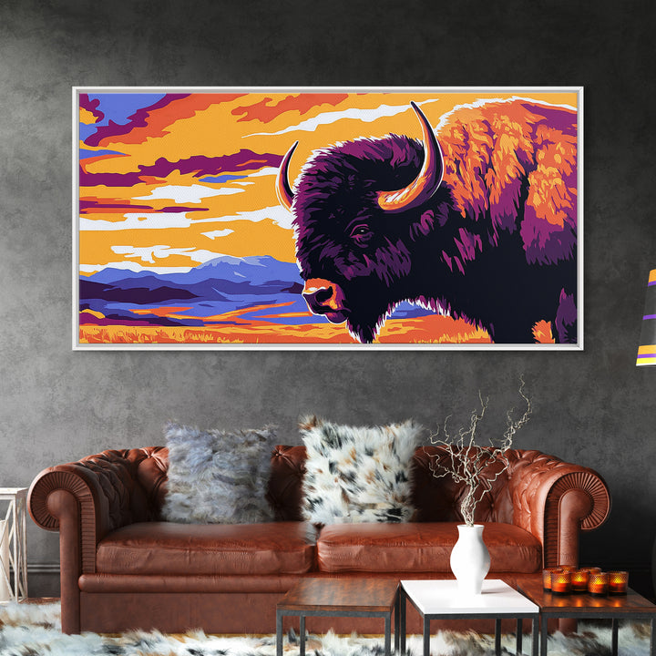 Bison Plains, rustic wall art, mountain painting, southwest wall art, landscape painting, extra wide art, Framed Canvas Print, farmhouse decor