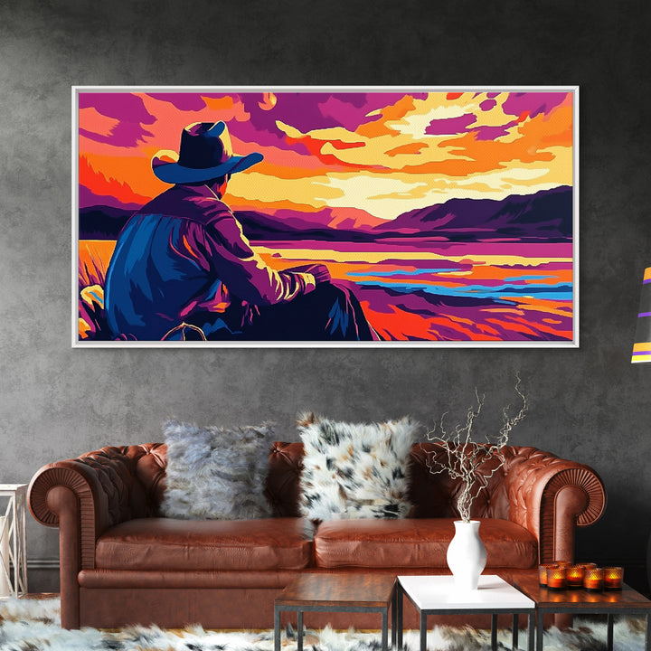 Cowboy Sunset, western art, landscape painting, rustic decor, panoramic art, farmhouse art, Framed Canvas Print, gift idea, extra wide art