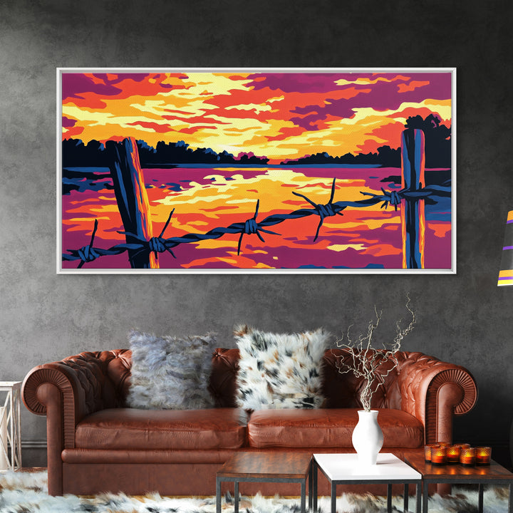 Barbed wire, rustic fence, cowboy art, sunset glow, farmhouse wall art, panoramic painting, western landscape, framed canvas print
