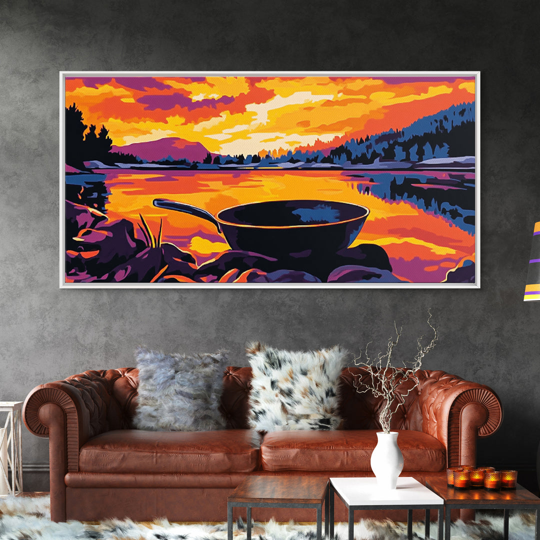 Cast iron pan, outdoor cooking, cowboy camping, rustic kitchen decor, lakeside sunset, nostalgic western art, framed canvas print
