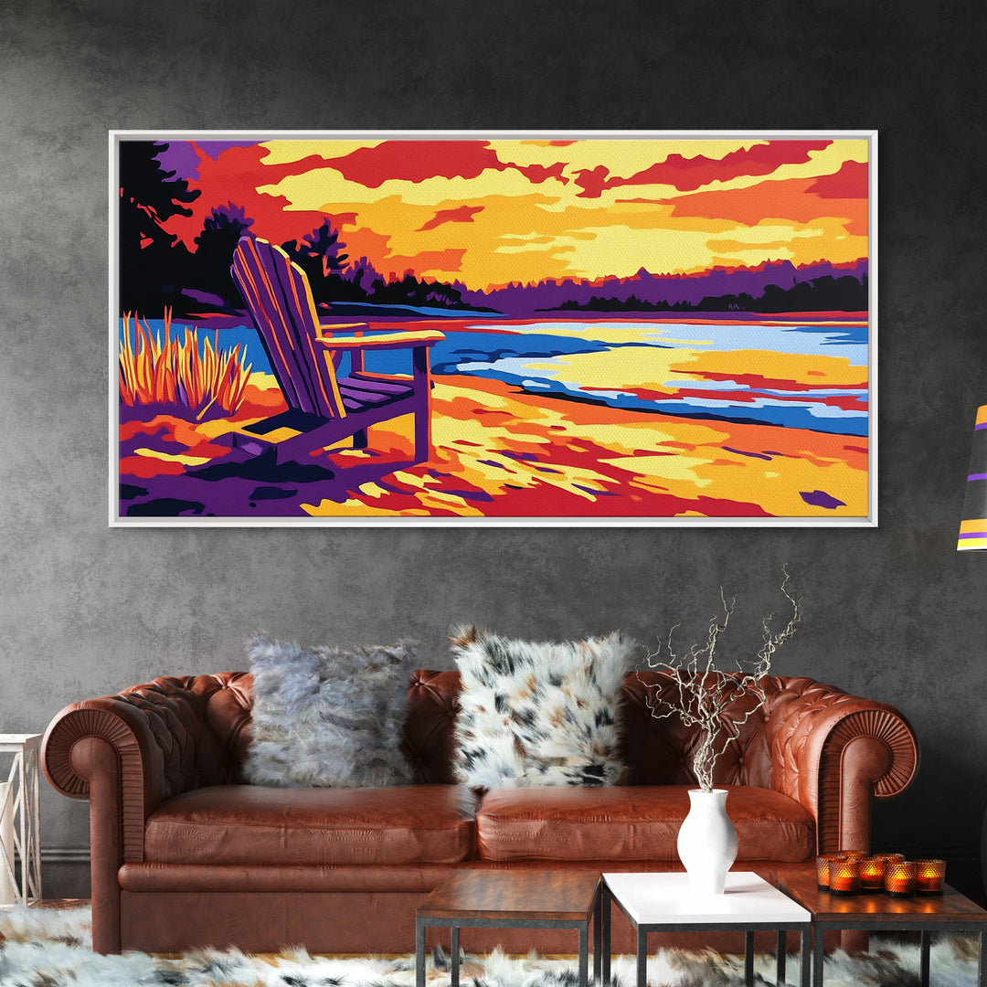 Adirondack chair, lake view, relaxing sunset, cabin art, rustic landscape, extra wide art, nature lover decor, canvas print