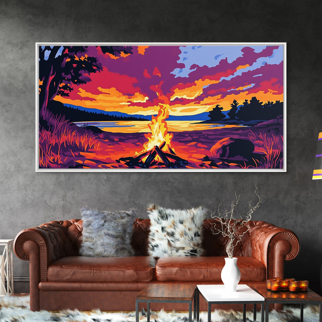 Bonfire, lakeside evening, autumn wall art, warm sunset painting, outdoor adventure art, extra wide art, framed canvas print