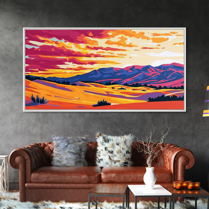 Desert dunes, mountain painting, western sunset, scenic landscape art, minimalist boho decor, panoramic art, framed canvas print