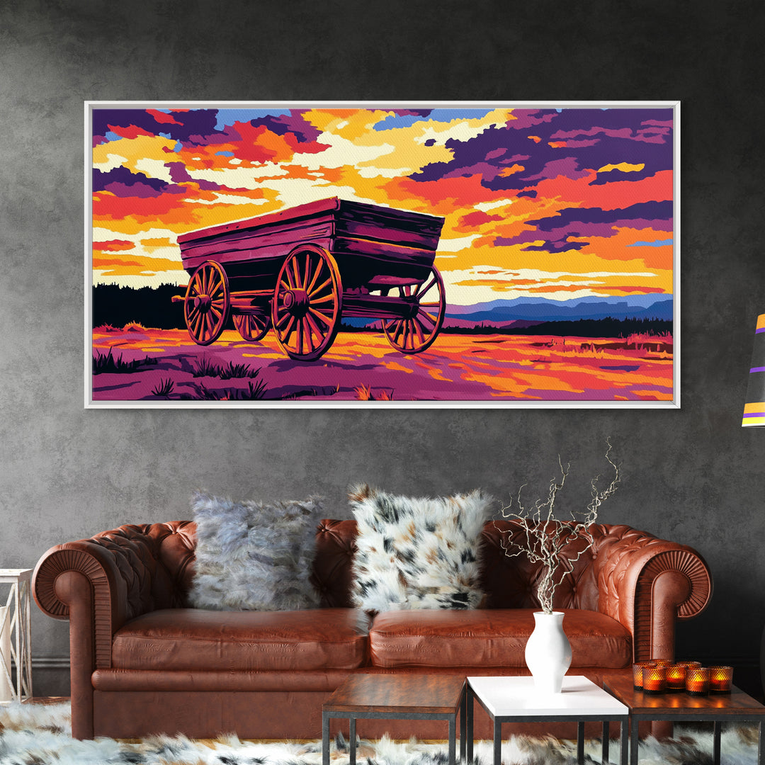 Covered wagon, prairie landscape, rustic western art, historical painting, farmhouse decor, extra wide art, framed canvas print