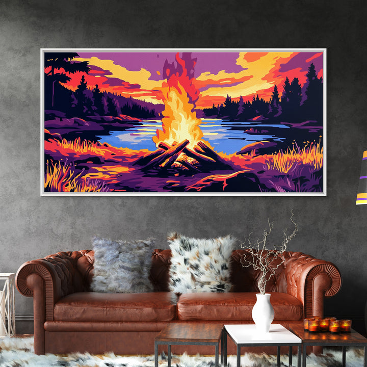 Campfire, lake sunset, rustic art, outdoor decor, cozy cabin wall art, smoky mountain art, framed canvas print, horizontal wall art