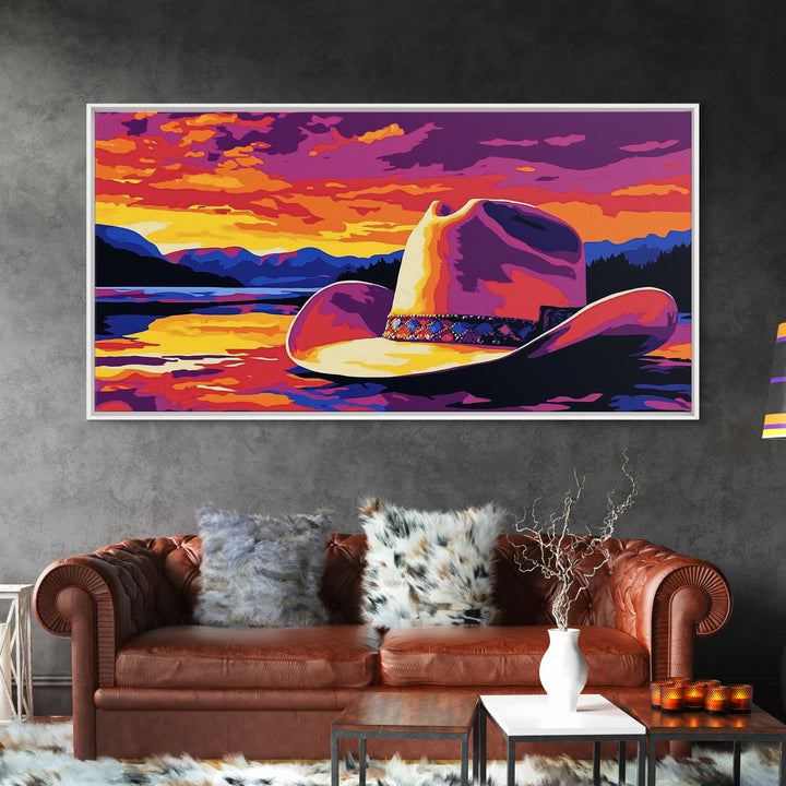 Cowboy Hat, coastal cowgirl wall art, rustic decor, landscape painting, western painting, Canvas Print, farmhouse art, southwest wall art