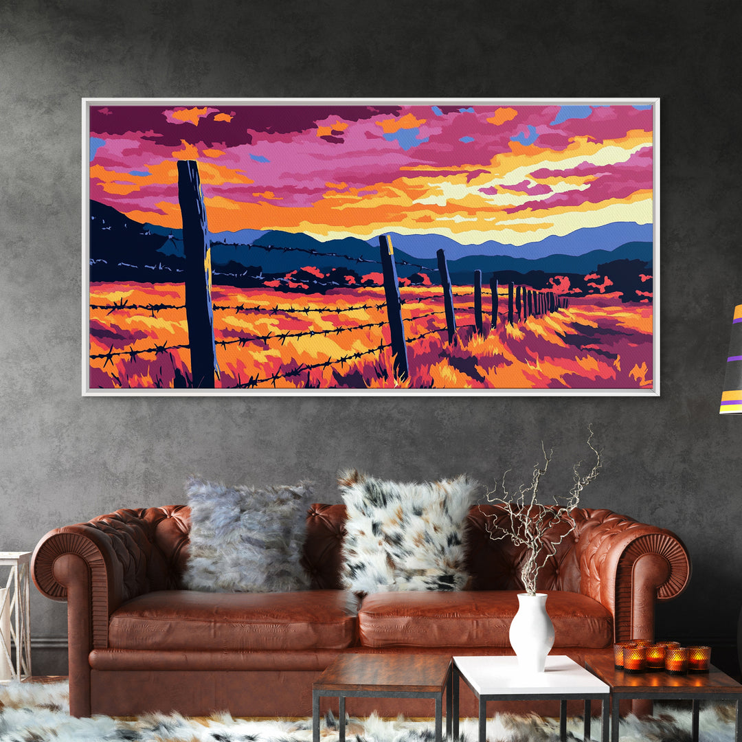 Barbed Fence, rustic art, country painting, extra wide art, farmhouse wall art, landscape painting, horizontal wall art, Framed Canvas Print