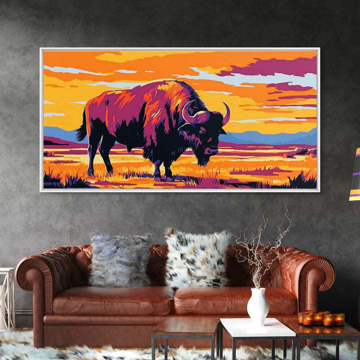 Bison Prairie, rustic art, southwest wall art, landscape painting, extra wide art, panoramic painting, farmhouse art, Framed Canvas Print