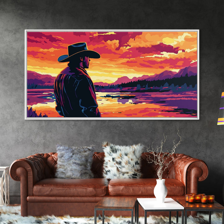 Cowboy Silhouette, Western Art, Southwest Wall Art, Rustic Decor, Moody Art, Framed Canvas Print, Gift Idea, Panoramic Art, Horizontal Wall Art