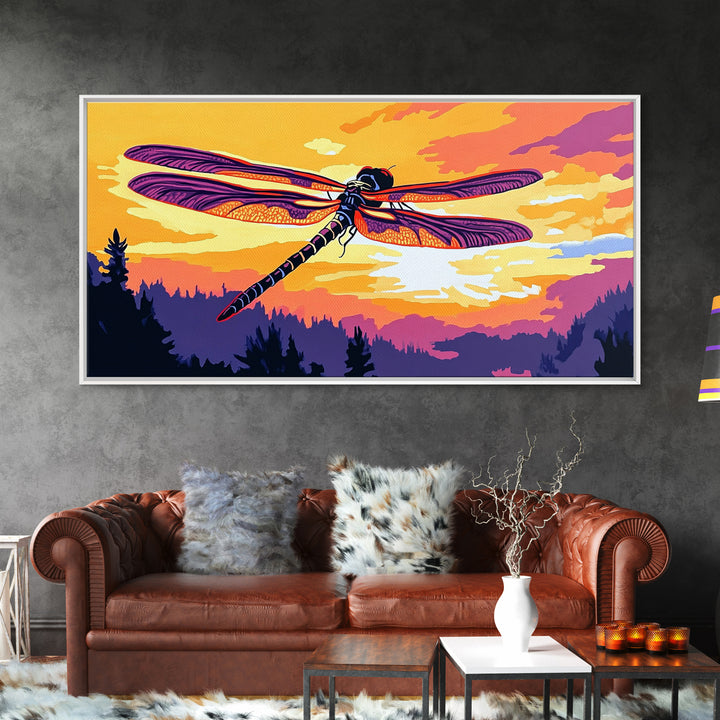 Dragonfly Glow, whimsical art, nature painting, wildflower painting, botanical prints, pink orange wall art, framed canvas print