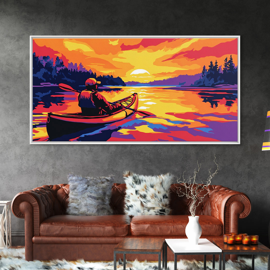 Kayaker at Sunset, fisherman painting, nautical painting, coastal landscape art, rustic decor, panoramic painting, canvas print
