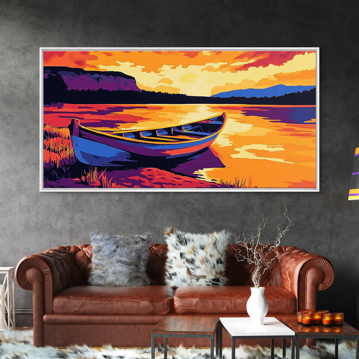 Boat on the Shore, nautical painting, seascape painting, rustic decor, above couch art, panoramic painting, extra wide art, canvas print