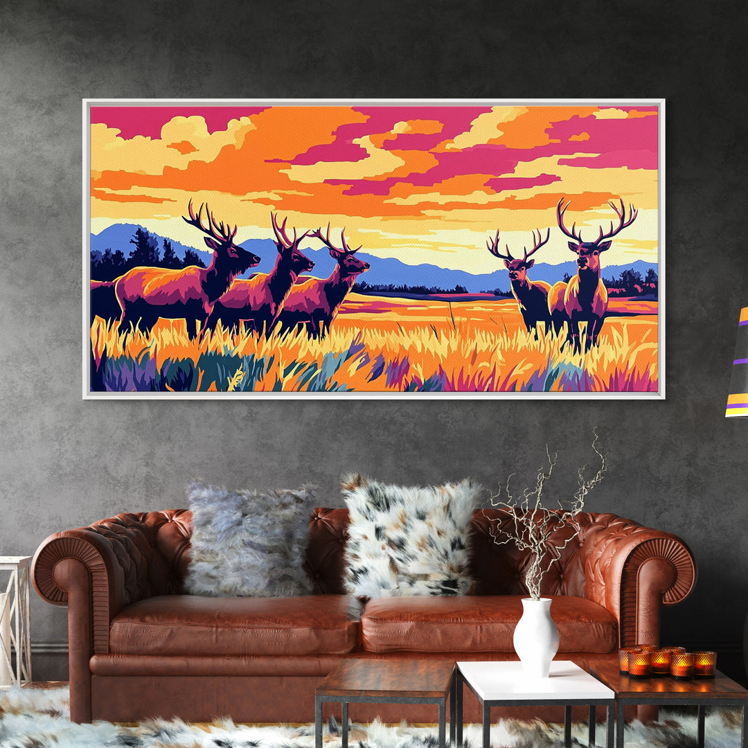 Autumn Elk, wildlife painting, deer drinking water in forest painting, rustic decor, farmhouse art, landscape painting, framed canvas print