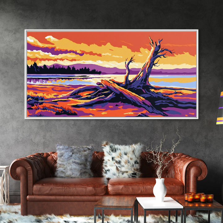 Driftwood Beach Scene, coastal landscape art, nautical painting, rustic wall art, ocean sunset art, panoramic art, framed canvas print