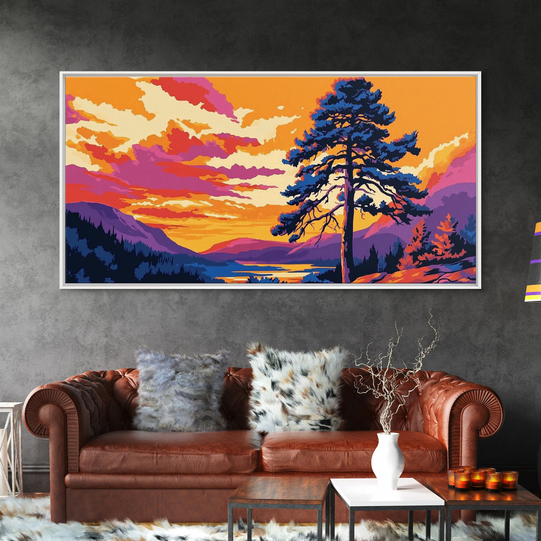 Pine Tree Sunset, smoky mountain art, Joshua tree art, landscape painting, rustic decor, extra wide wall art, framed canvas print