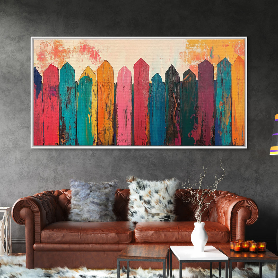 Rustic Fence Art, farmhouse art, rustic wall art, wabi sabi art, colorful wood painting, extra wide art, canvas print, southwestern decor
