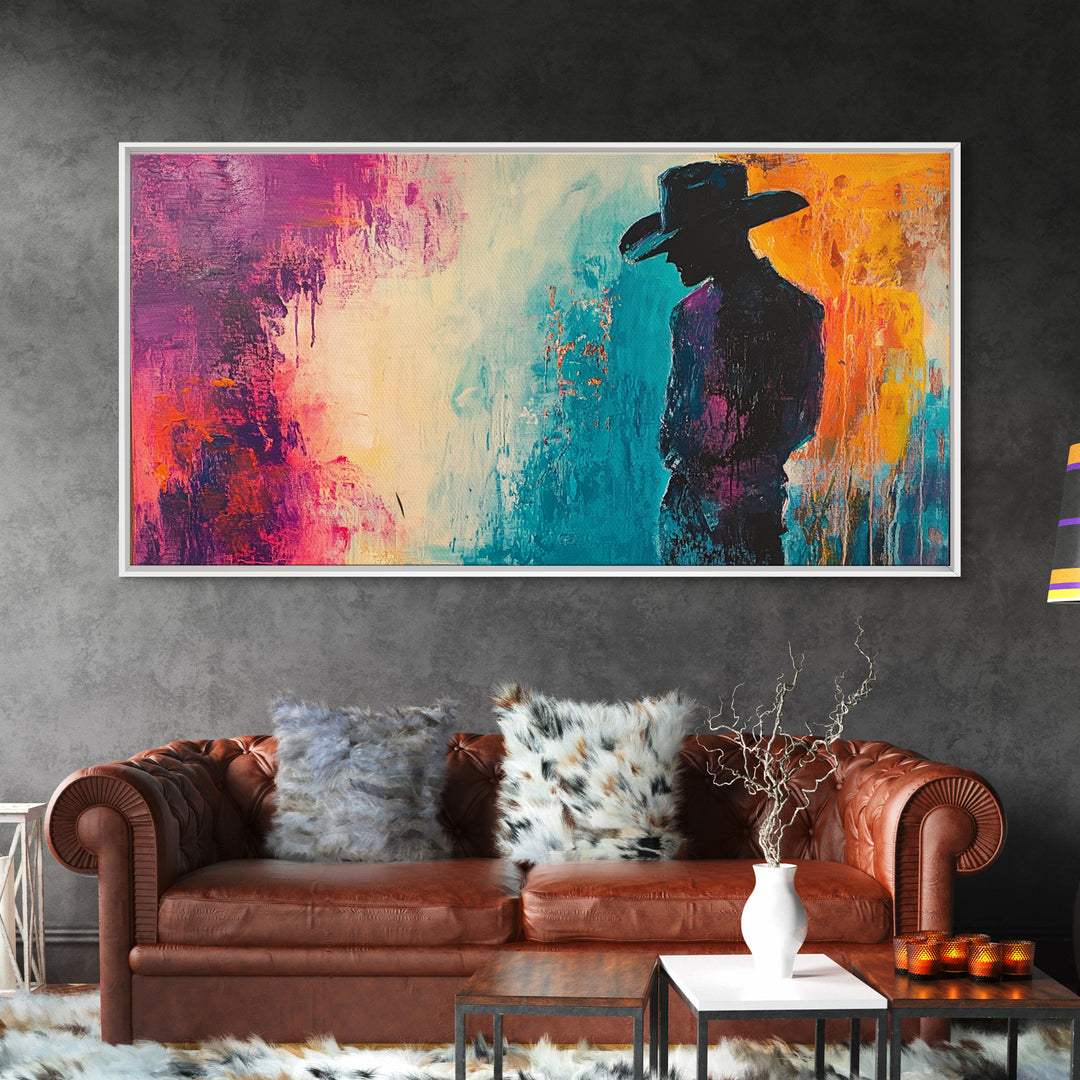 Silhouette Cowboy Art, rustic wall art, western painting, moody art, cowboy painting, extra wide art, farmhouse decor, canvas print, gift idea