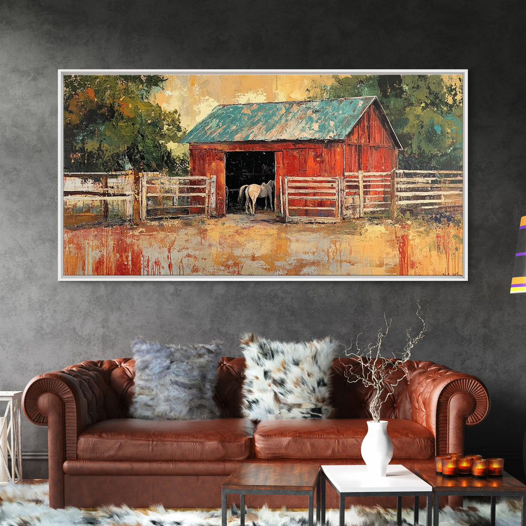 Rustic Barn Scene, barn landscape oil painting, western wall art, farmhouse decor, rural life painting, extra wide art, framed canvas print, wabi sabi art