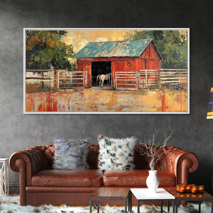 Rustic Barn Scene, barn landscape oil painting, western wall art, farmhouse decor, rural life painting, extra wide art, framed canvas print, wabi sabi art